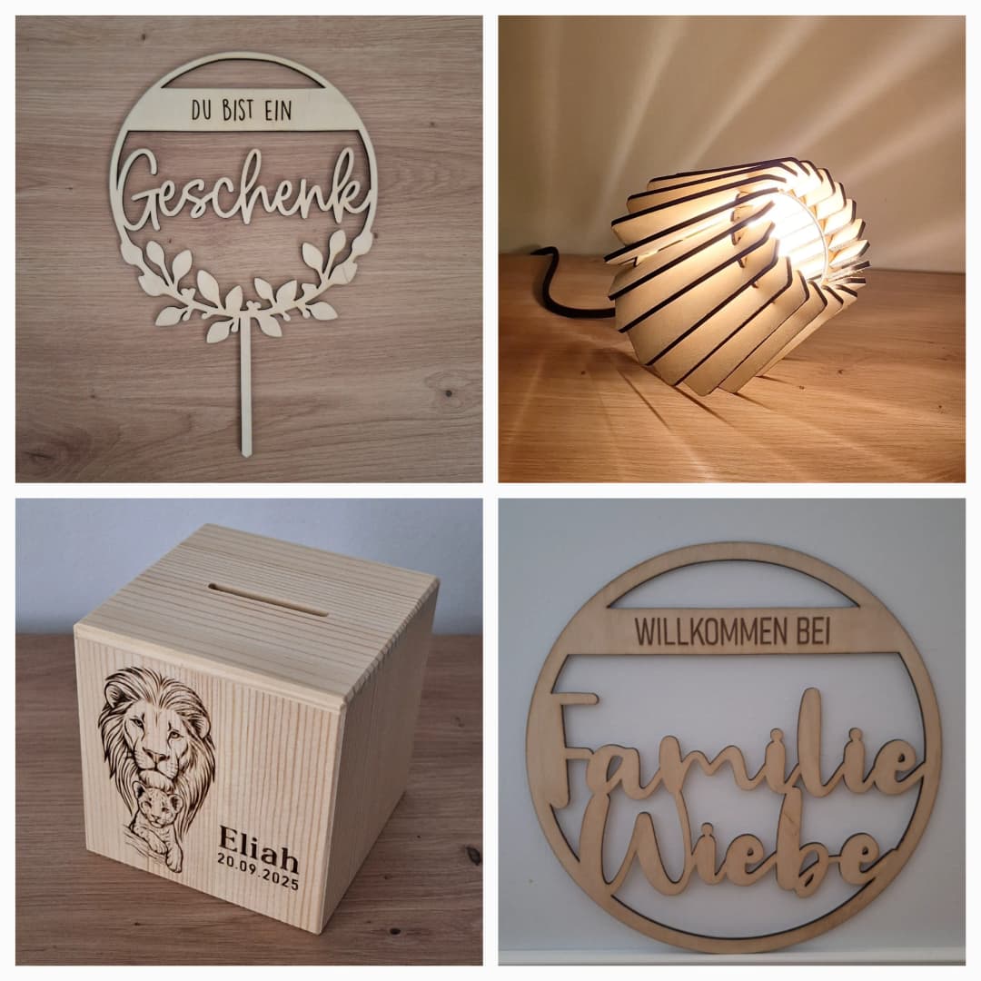 UNIKAT M Produktübersicht — Cake Topper, Holzlampe, Spardose und Familienschild